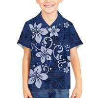 Plumeria Floral Tapa Pattern Navy Blue Family Matching Off Shoulder Short Dress and Hawaiian Shirt LT01 Son's Shirt Blue - Polynesian Pride