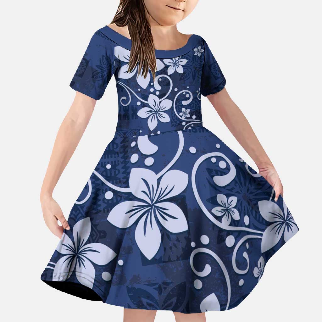 Plumeria Floral Tapa Pattern Navy Blue Family Matching Summer Maxi Dress and Hawaiian Shirt LT01 Daughter's Dress Blue - Polynesian Pride
