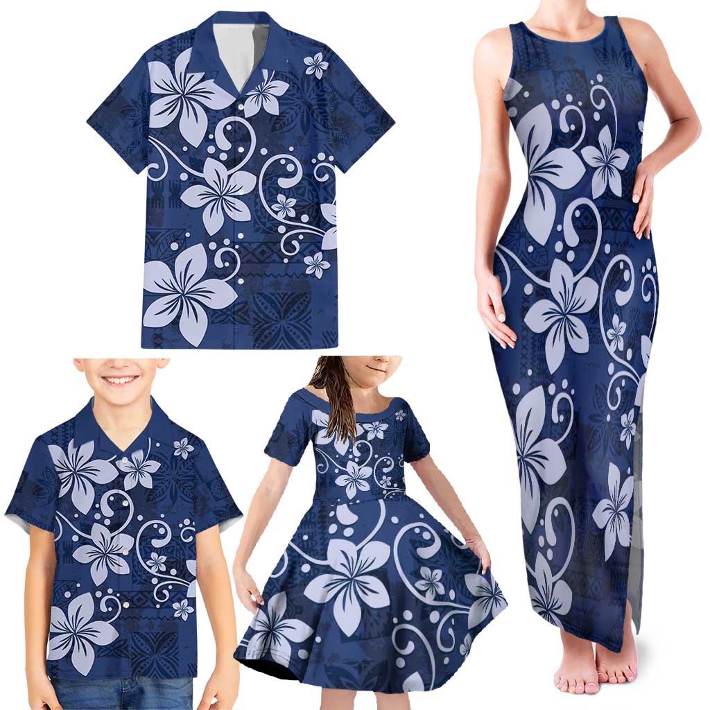 Plumeria Floral Tapa Pattern Navy Blue Family Matching Tank Maxi Dress and Hawaiian Shirt LT01 - Polynesian Pride