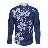 Plumeria Floral Tapa Pattern Navy Blue Long Sleeve Button Shirt LT01 Unisex Blue - Polynesian Pride