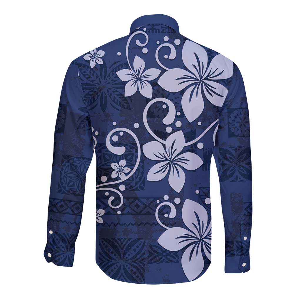 Plumeria Floral Tapa Pattern Navy Blue Long Sleeve Button Shirt LT01 - Polynesian Pride