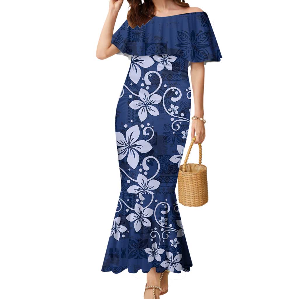 Plumeria Floral Tapa Pattern Navy Blue Mermaid Dress LT01 Women Blue - Polynesian Pride
