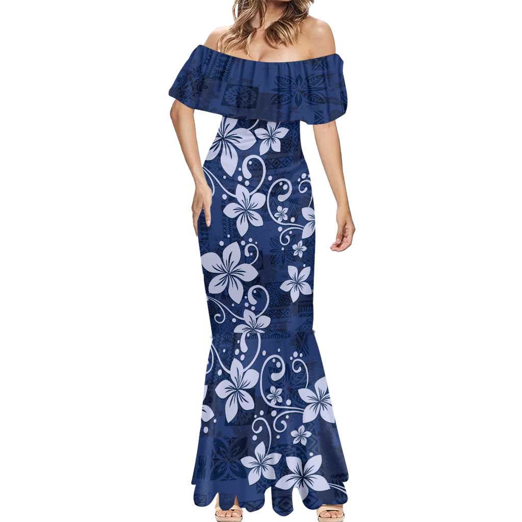 Plumeria Floral Tapa Pattern Navy Blue Mermaid Dress LT01 - Polynesian Pride