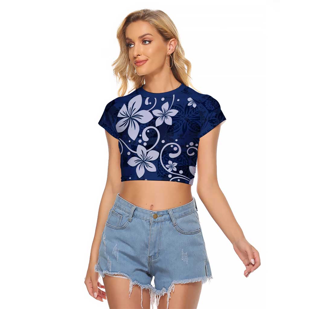 Plumeria Floral Tapa Pattern Navy Blue Raglan Cropped T Shirt LT01 Female Blue - Polynesian Pride