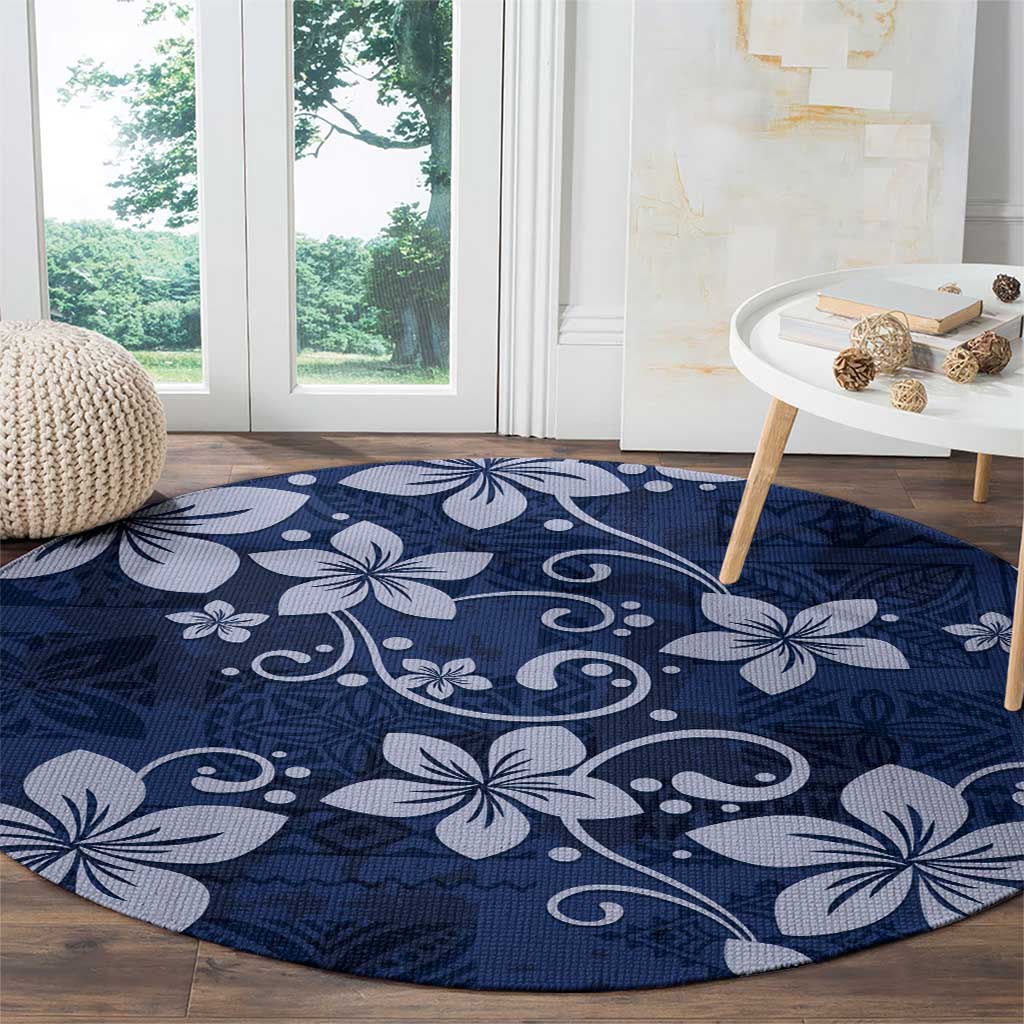 Plumeria Floral Tapa Pattern Navy Blue Round Carpet