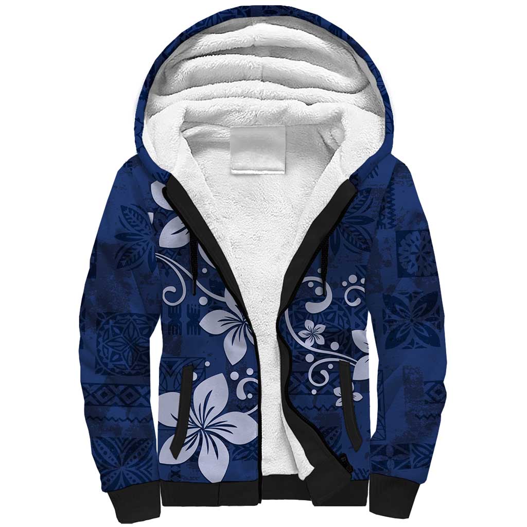 Plumeria Floral Tapa Pattern Navy Blue Sherpa Hoodie