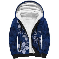 Plumeria Floral Tapa Pattern Navy Blue Sherpa Hoodie