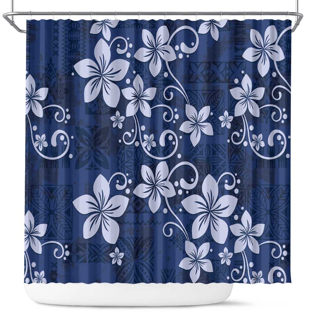 Plumeria Floral Tapa Pattern Navy Blue Shower Curtain LT01 Blue - Polynesian Pride
