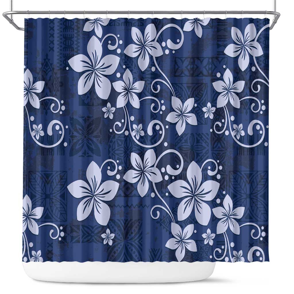 Plumeria Floral Tapa Pattern Navy Blue Shower Curtain