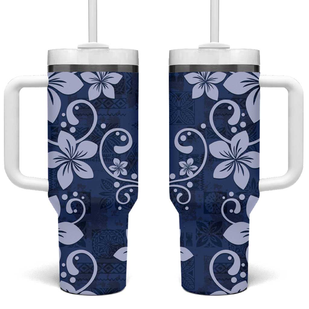 Plumeria Floral Tapa Pattern Navy Blue Tumbler With Handle LT01 One Size: 40 oz Blue - Polynesian Pride