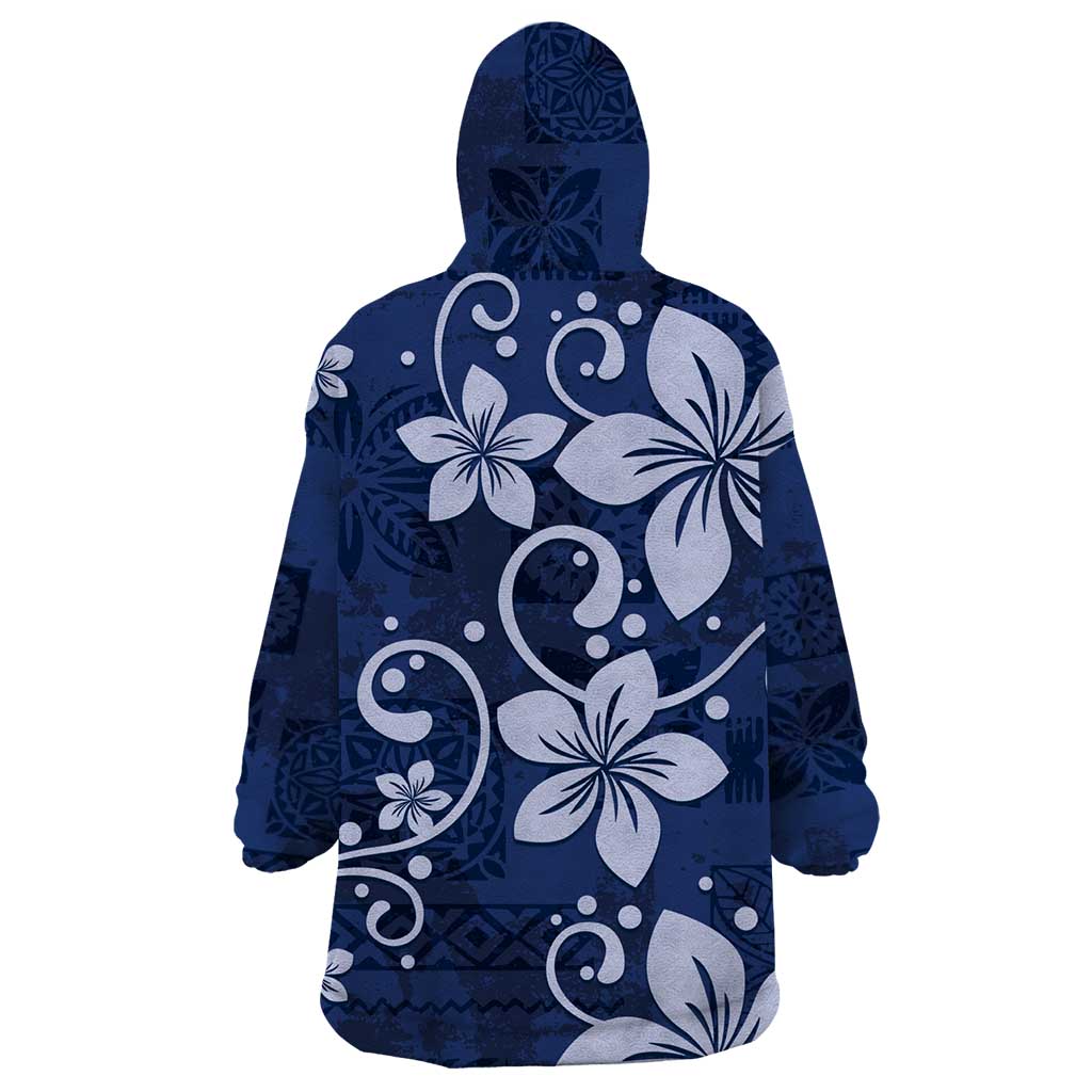 Plumeria Floral Tapa Pattern Navy Blue Wearable Blanket Hoodie LT01 - Polynesian Pride