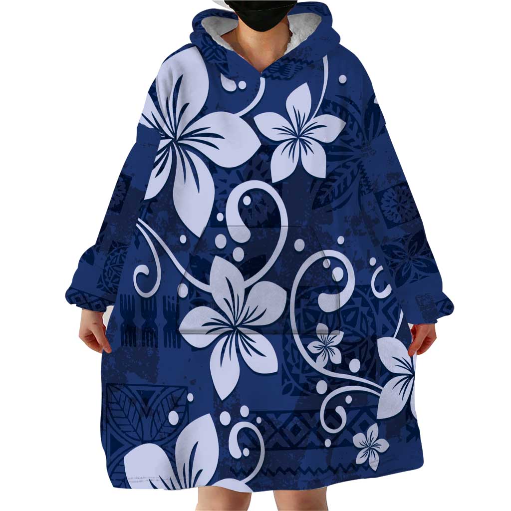 Plumeria Floral Tapa Pattern Navy Blue Wearable Blanket Hoodie LT01 - Polynesian Pride