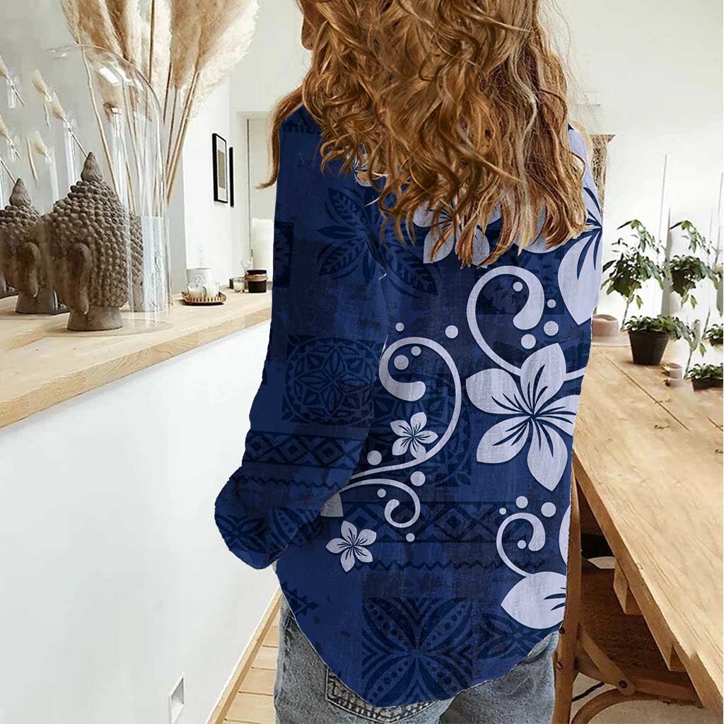 Plumeria Floral Tapa Pattern Navy Blue Women Casual Shirt LT01 - Polynesian Pride