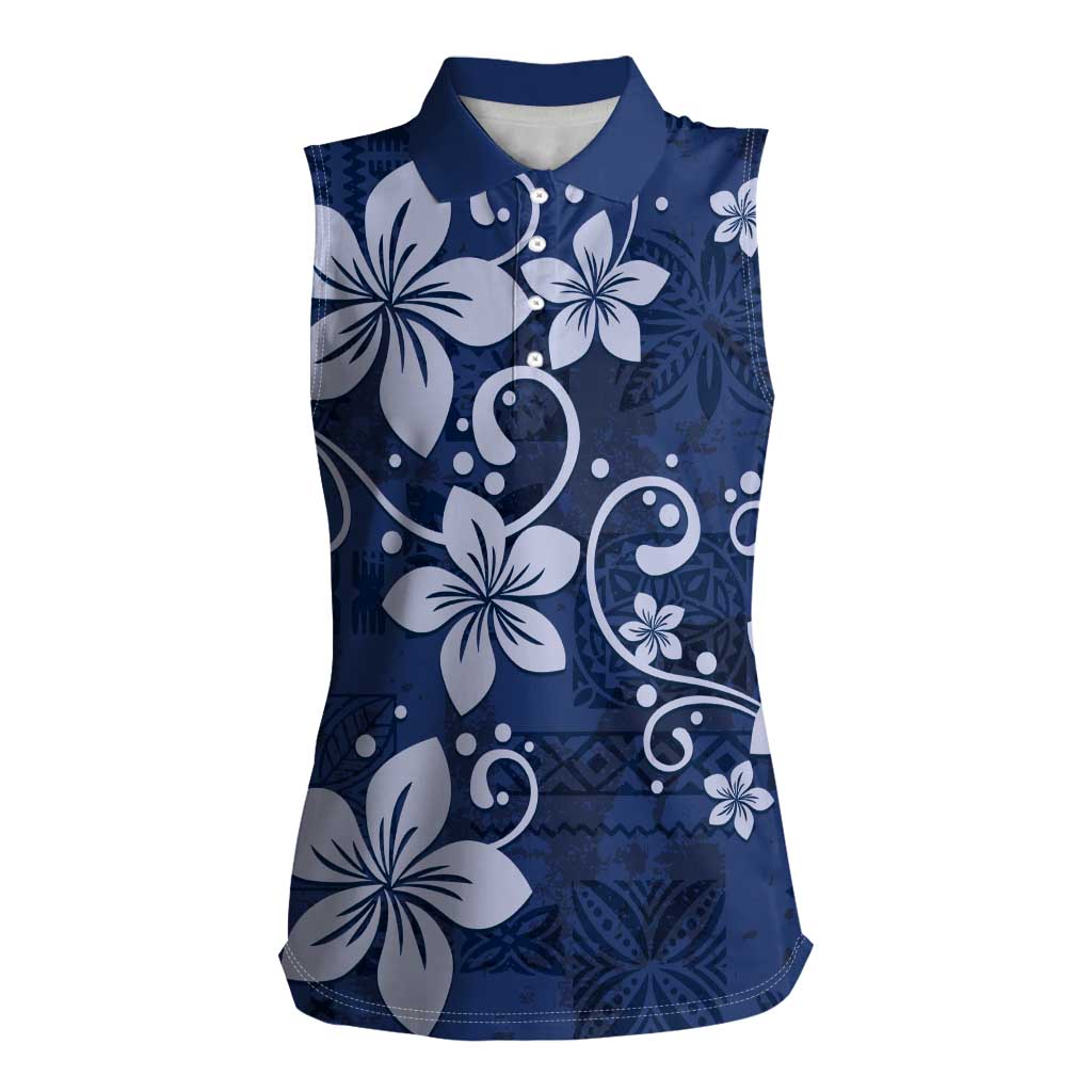 Plumeria Floral Tapa Pattern Navy Blue Women Sleeveless Polo Shirt LT01 Female Blue - Polynesian Pride