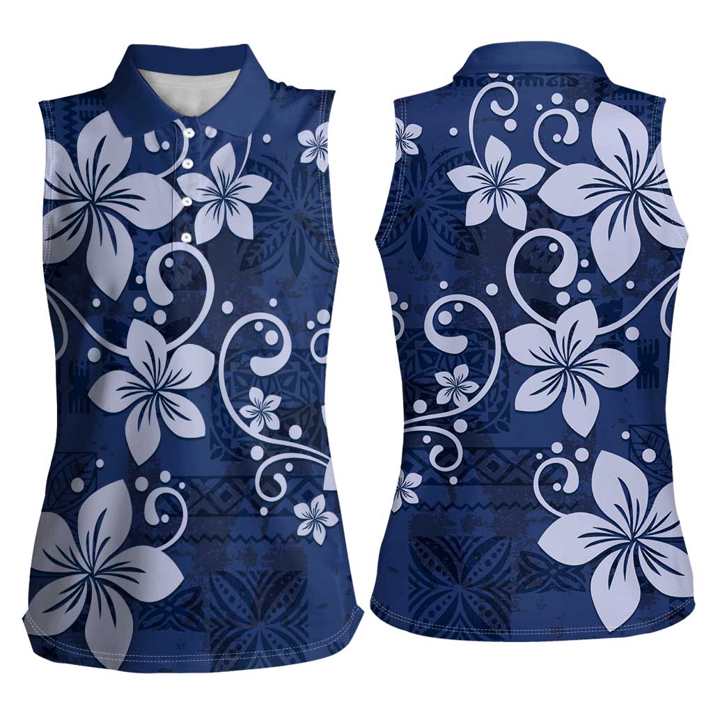 Plumeria Floral Tapa Pattern Navy Blue Women Sleeveless Polo Shirt LT01 - Polynesian Pride