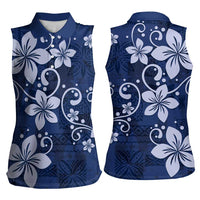 Plumeria Floral Tapa Pattern Navy Blue Women Sleeveless Polo Shirt LT01 - Polynesian Pride