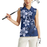 Plumeria Floral Tapa Pattern Navy Blue Women Sleeveless Polo Shirt LT01 - Polynesian Pride