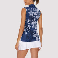 Plumeria Floral Tapa Pattern Navy Blue Women Sleeveless Polo Shirt LT01 - Polynesian Pride