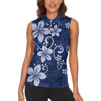 Plumeria Floral Tapa Pattern Navy Blue Women Sleeveless Polo Shirt LT01 - Polynesian Pride