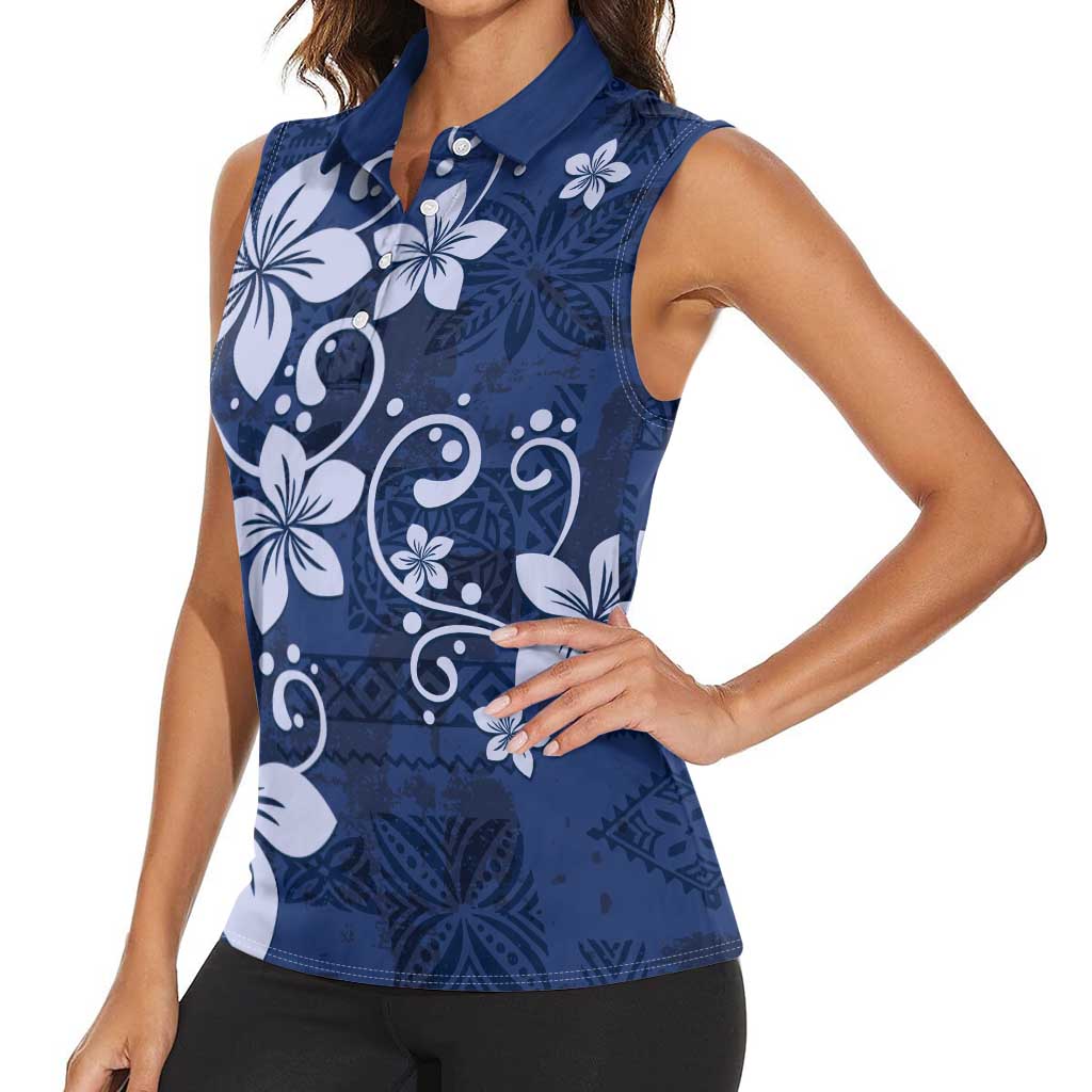Plumeria Floral Tapa Pattern Navy Blue Women Sleeveless Polo Shirt LT01 - Polynesian Pride