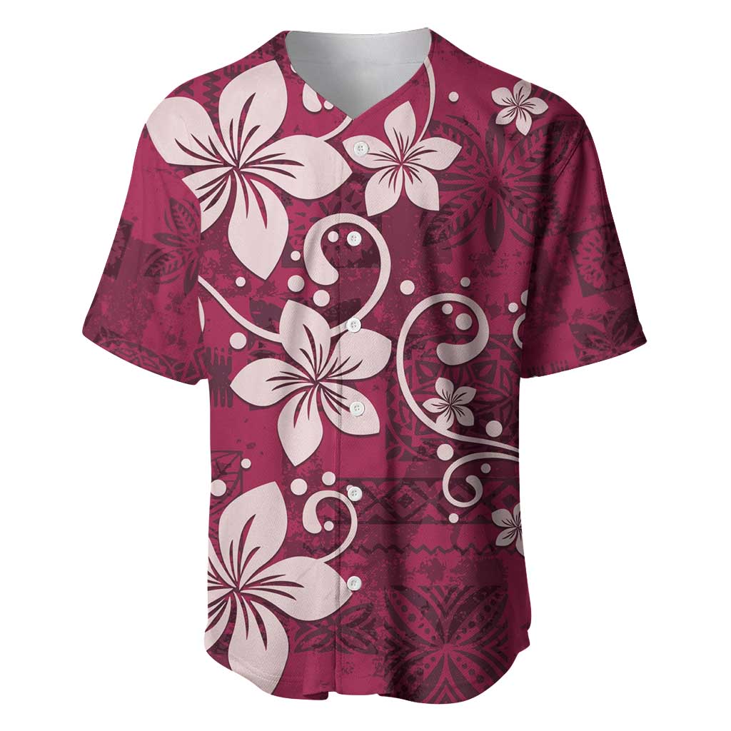 Plumeria Floral Tapa Pattern Ruby Pink Baseball Jersey LT01 Pink - Polynesian Pride