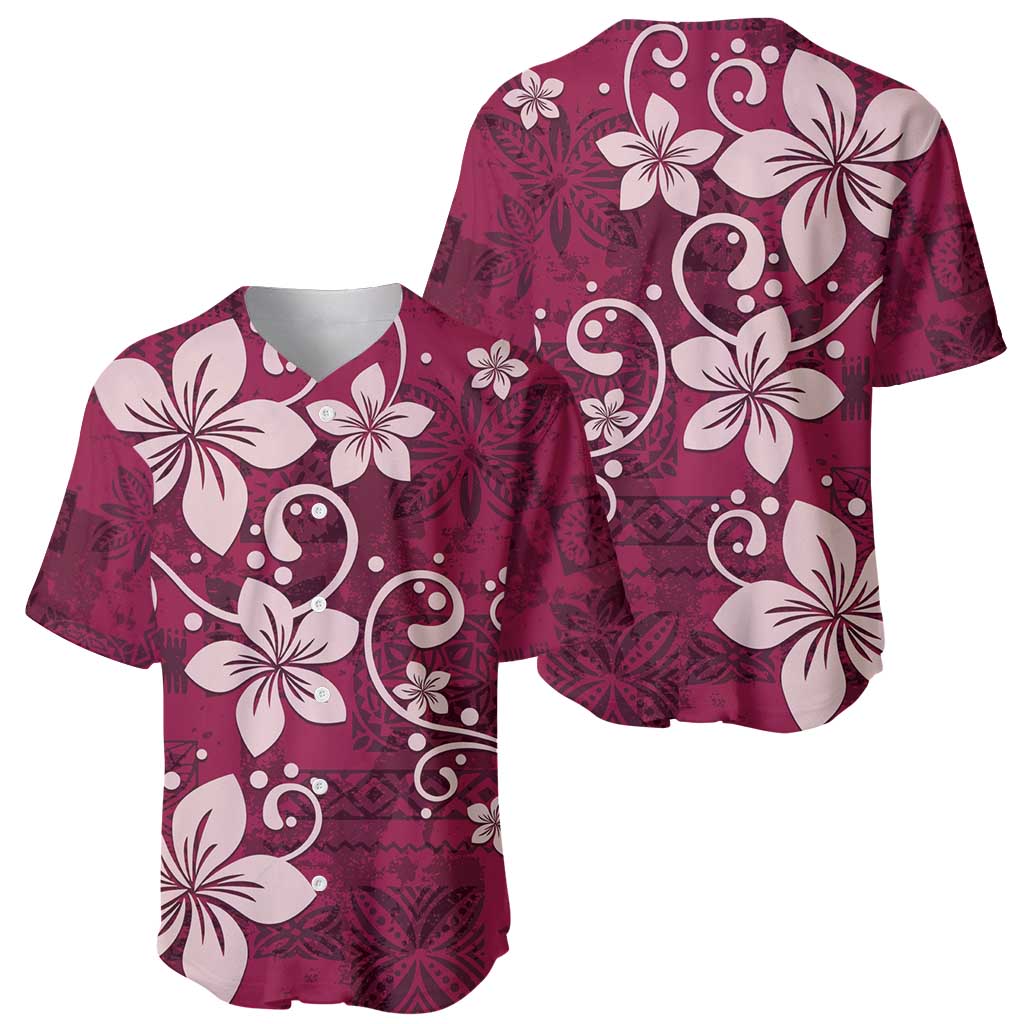 Plumeria Floral Tapa Pattern Ruby Pink Baseball Jersey LT01 - Polynesian Pride