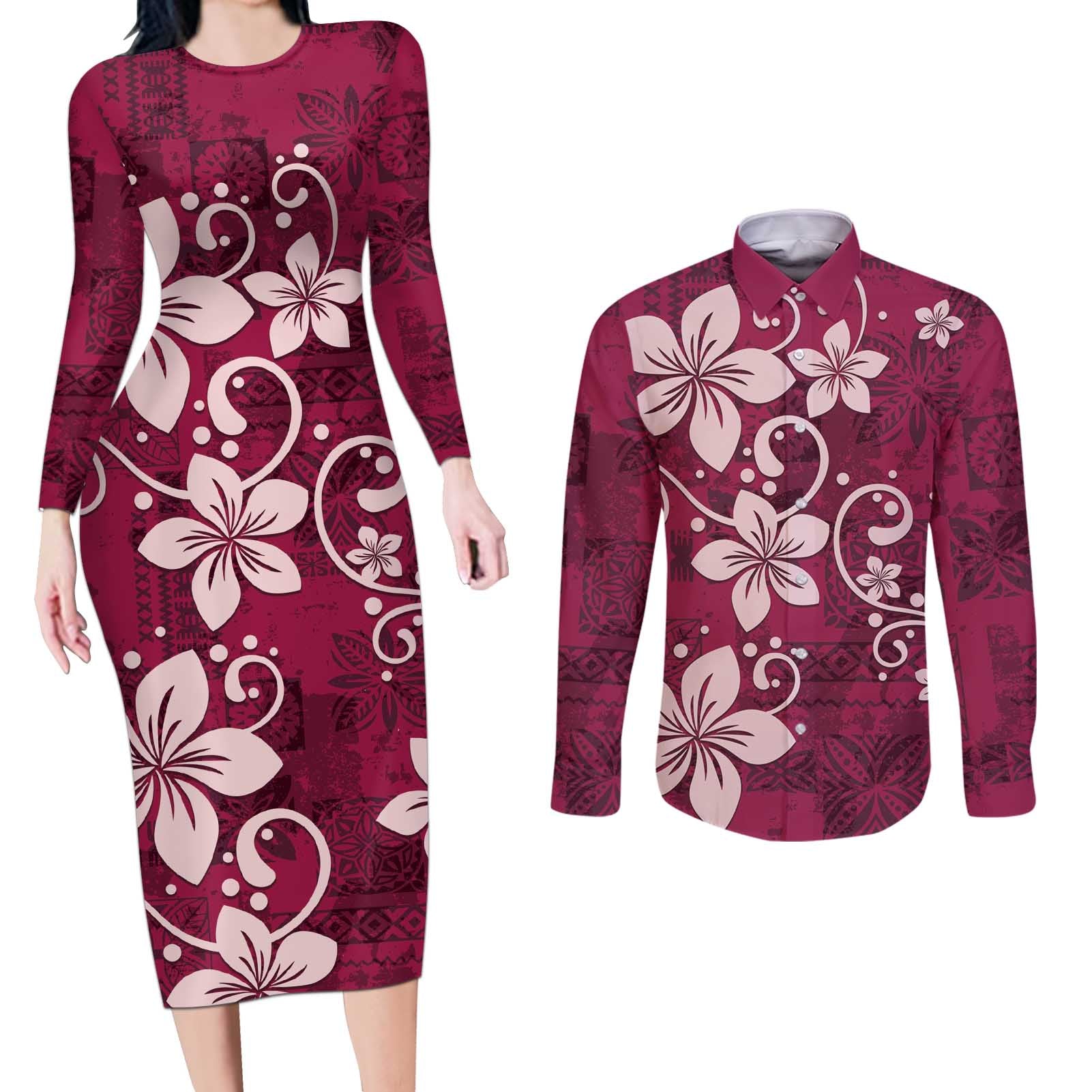 Plumeria Floral Tapa Pattern Ruby Pink Couples Matching Long Sleeve Bodycon Dress and Long Sleeve Button Shirt