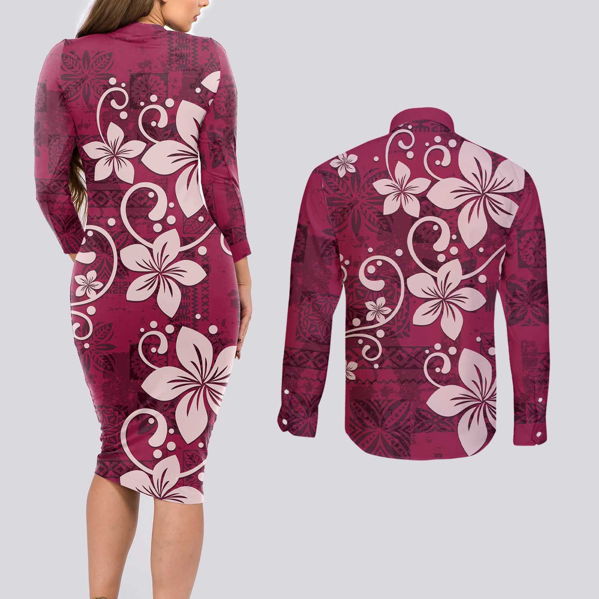 Plumeria Floral Tapa Pattern Ruby Pink Couples Matching Long Sleeve Bodycon Dress and Long Sleeve Button Shirt