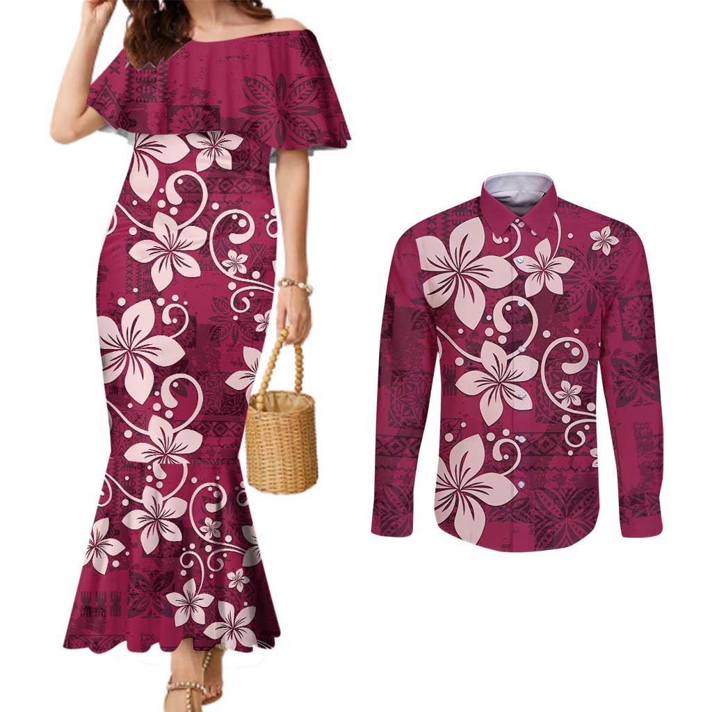 Plumeria Floral Tapa Pattern Ruby Pink Couples Matching Mermaid Dress and Long Sleeve Button Shirt