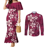 Plumeria Floral Tapa Pattern Ruby Pink Couples Matching Mermaid Dress and Long Sleeve Button Shirt