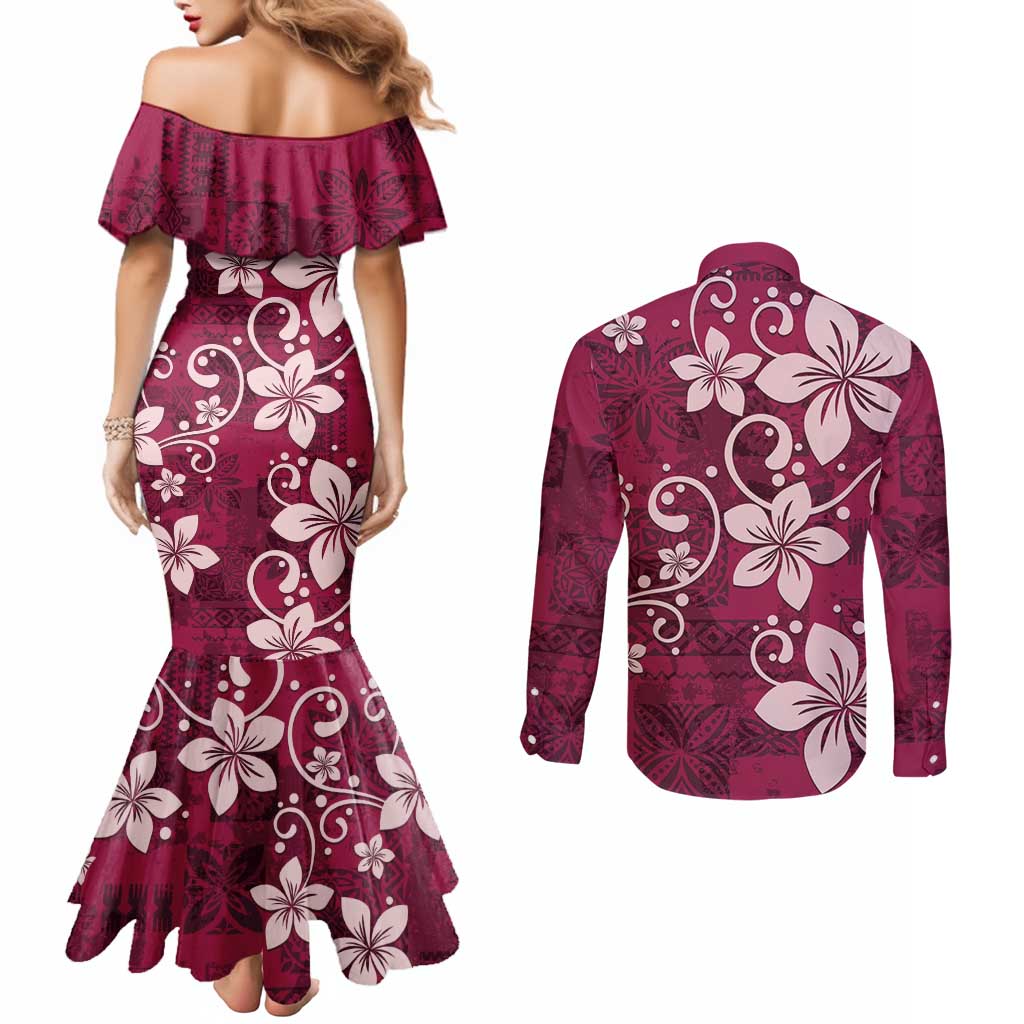 Plumeria Floral Tapa Pattern Ruby Pink Couples Matching Mermaid Dress and Long Sleeve Button Shirt