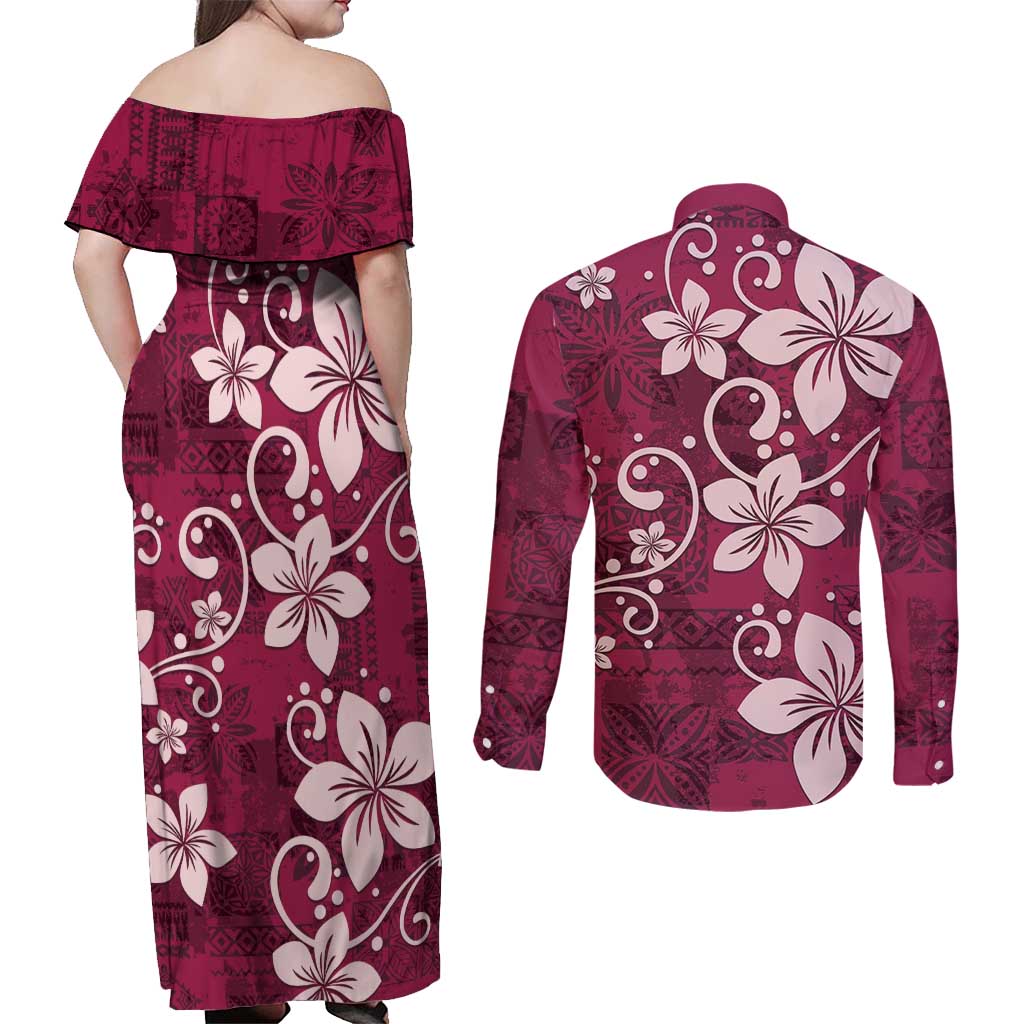 Plumeria Floral Tapa Pattern Ruby Pink Couples Matching Off Shoulder Maxi Dress and Long Sleeve Button Shirt