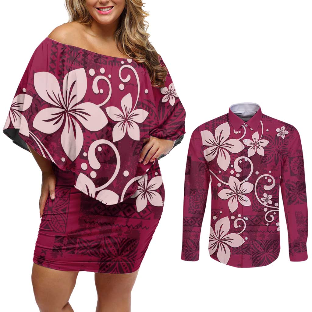 Plumeria Floral Tapa Pattern Ruby Pink Couples Matching Off Shoulder Short Dress and Long Sleeve Button Shirt