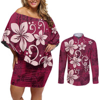 Plumeria Floral Tapa Pattern Ruby Pink Couples Matching Off Shoulder Short Dress and Long Sleeve Button Shirt