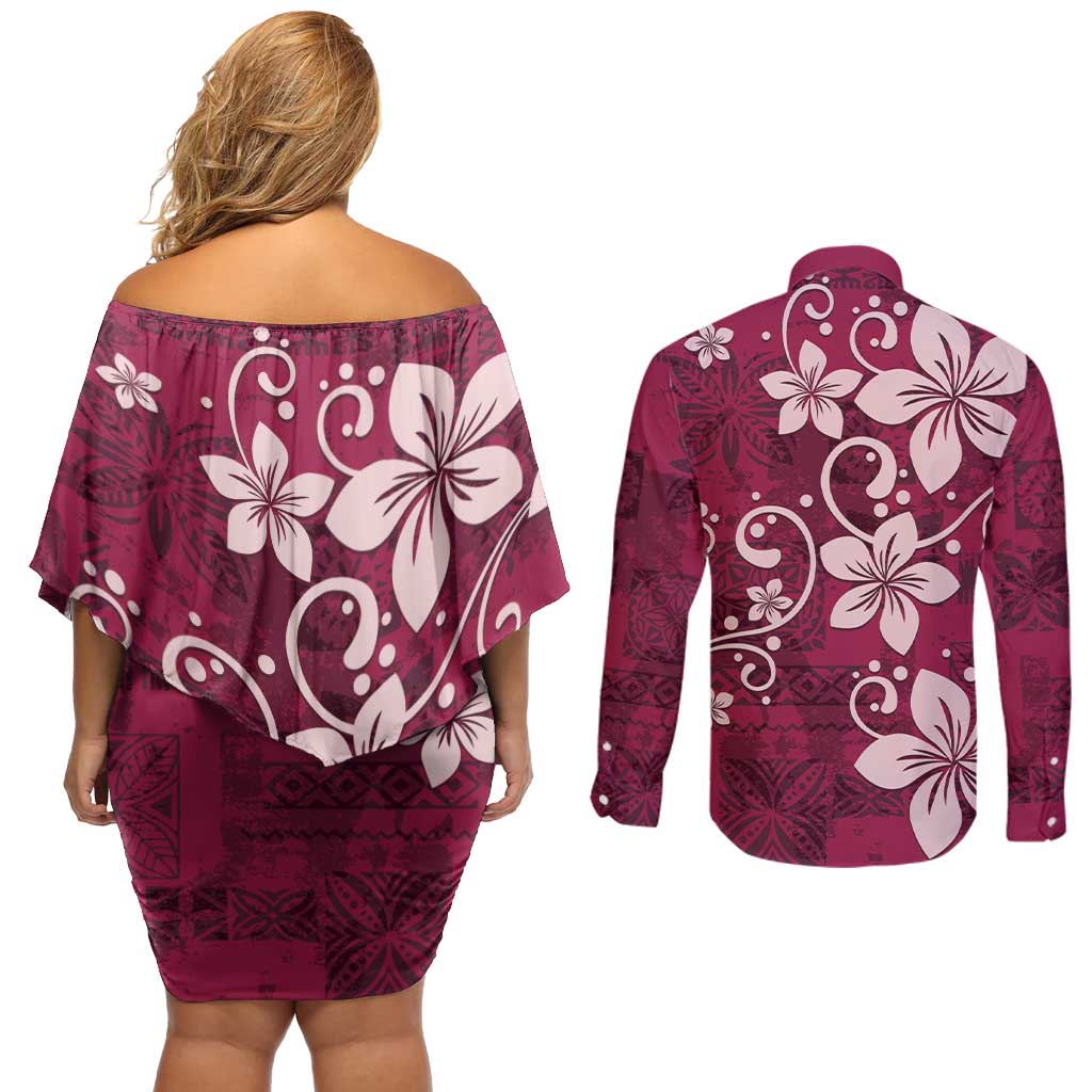 Plumeria Floral Tapa Pattern Ruby Pink Couples Matching Off Shoulder Short Dress and Long Sleeve Button Shirt