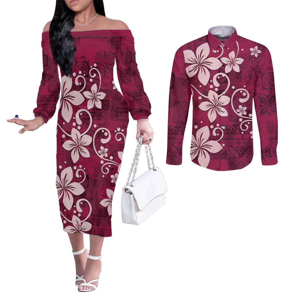 Plumeria Floral Tapa Pattern Ruby Pink Couples Matching Off The Shoulder Long Sleeve Dress and Long Sleeve Button Shirt