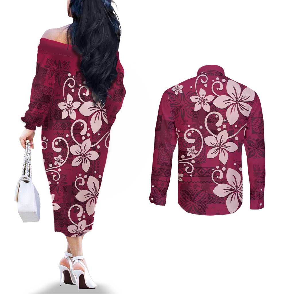 Plumeria Floral Tapa Pattern Ruby Pink Couples Matching Off The Shoulder Long Sleeve Dress and Long Sleeve Button Shirt