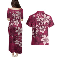 Plumeria Floral Tapa Pattern Ruby Pink Couples Matching Puletasi and Hawaiian Shirt