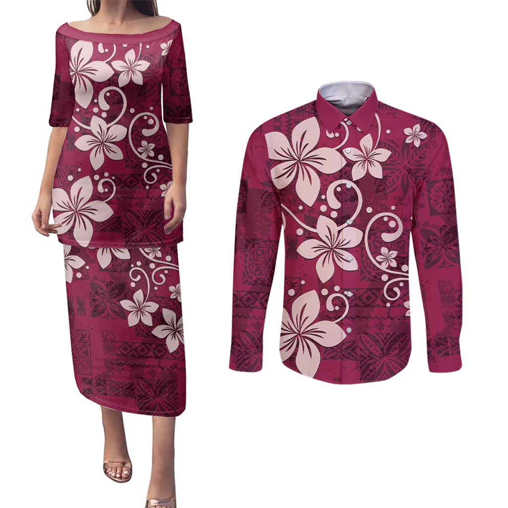 Plumeria Floral Tapa Pattern Ruby Pink Couples Matching Puletasi and Long Sleeve Button Shirt