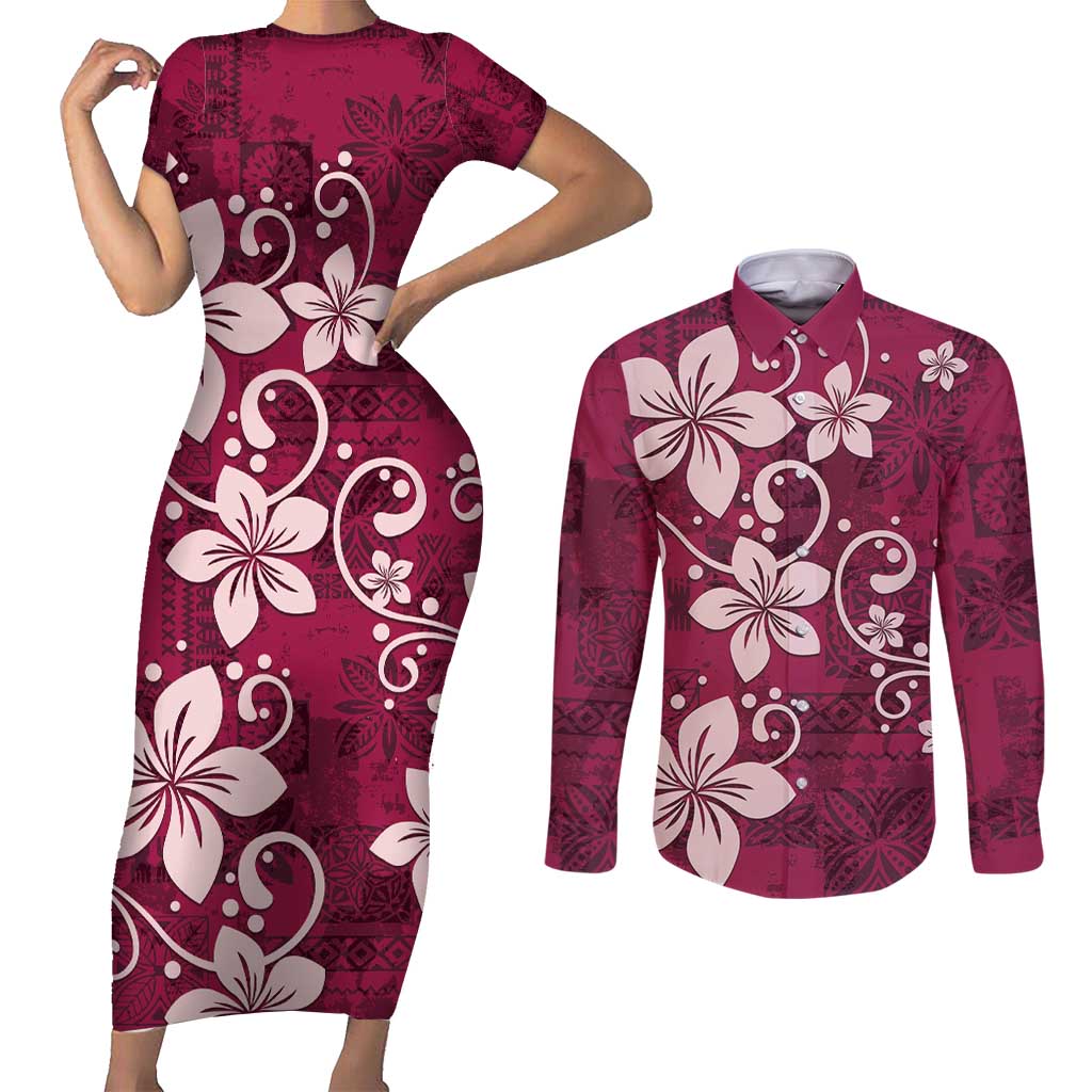 Plumeria Floral Tapa Pattern Ruby Pink Couples Matching Short Sleeve Bodycon Dress and Long Sleeve Button Shirt