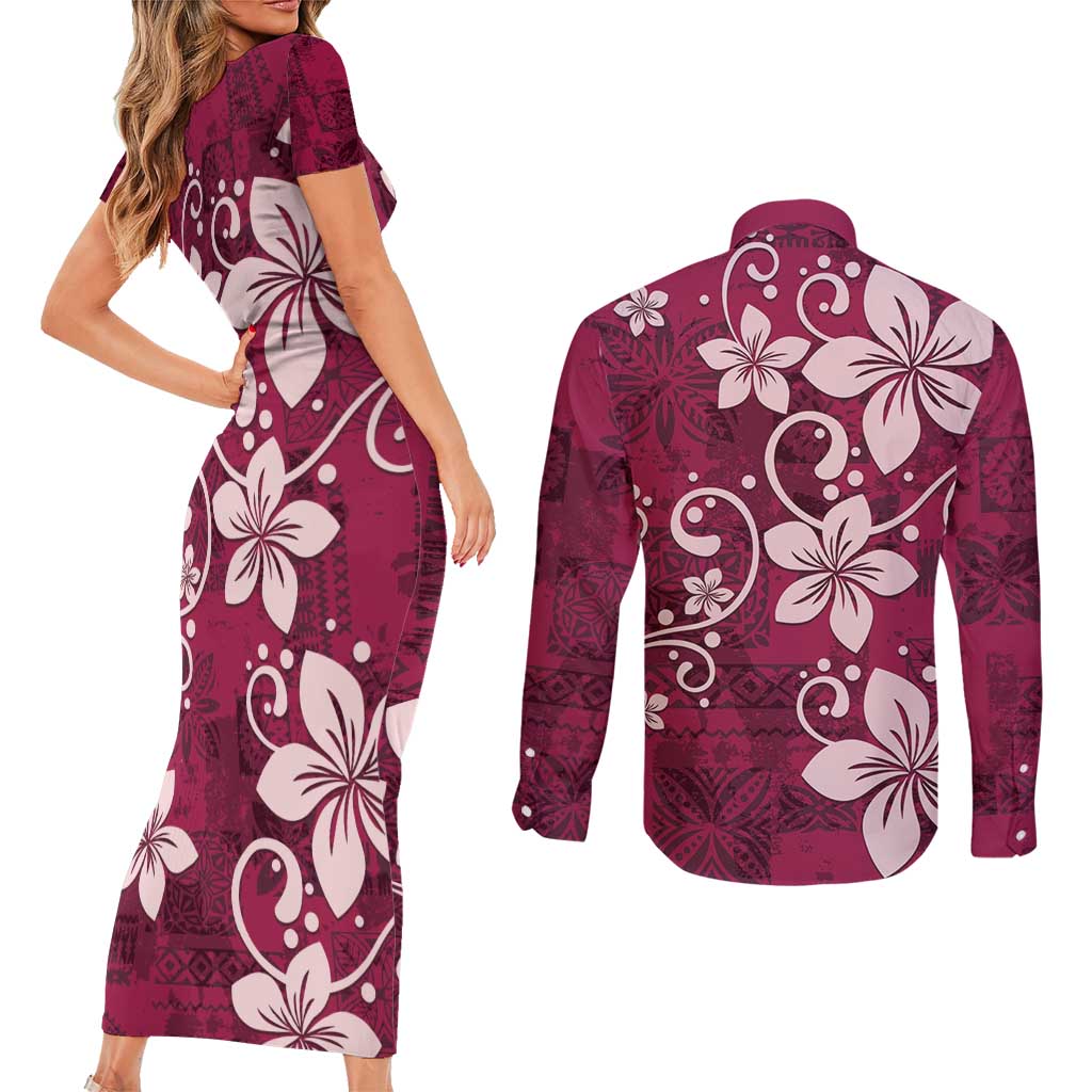 Plumeria Floral Tapa Pattern Ruby Pink Couples Matching Short Sleeve Bodycon Dress and Long Sleeve Button Shirt