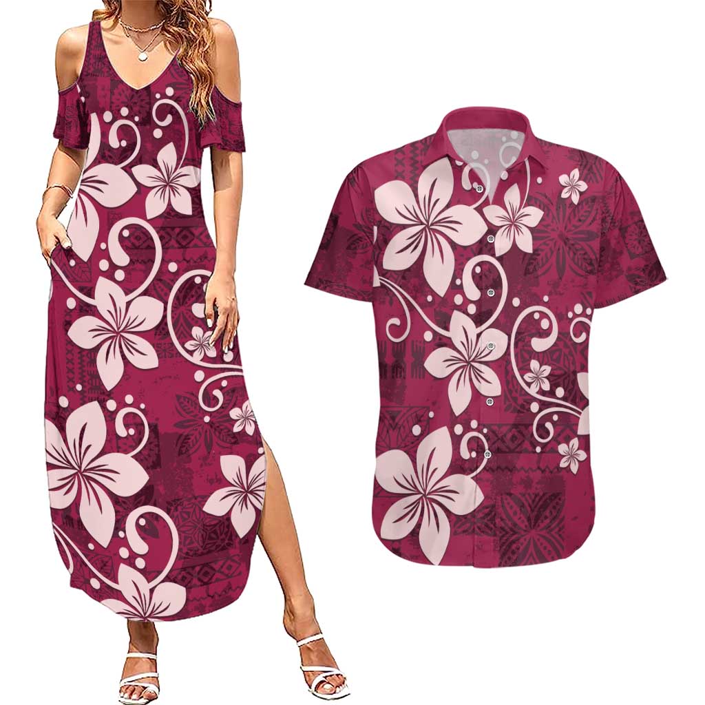 Plumeria Floral Tapa Pattern Ruby Pink Couples Matching Summer Maxi Dress and Hawaiian Shirt