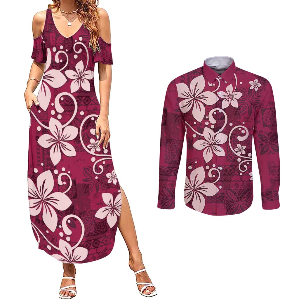 Plumeria Floral Tapa Pattern Ruby Pink Couples Matching Summer Maxi Dress and Long Sleeve Button Shirt
