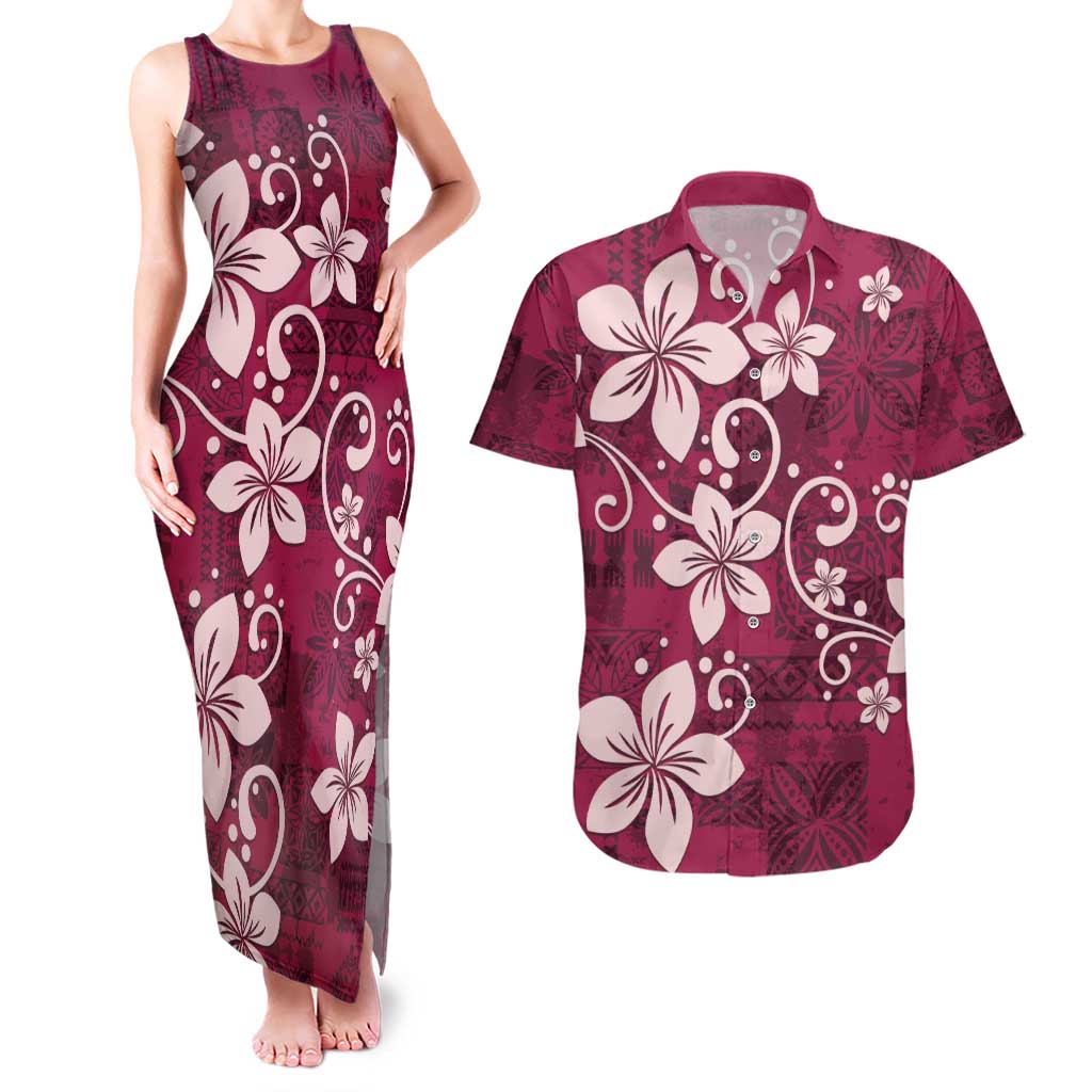 Plumeria Floral Tapa Pattern Ruby Pink Couples Matching Tank Maxi Dress and Hawaiian Shirt