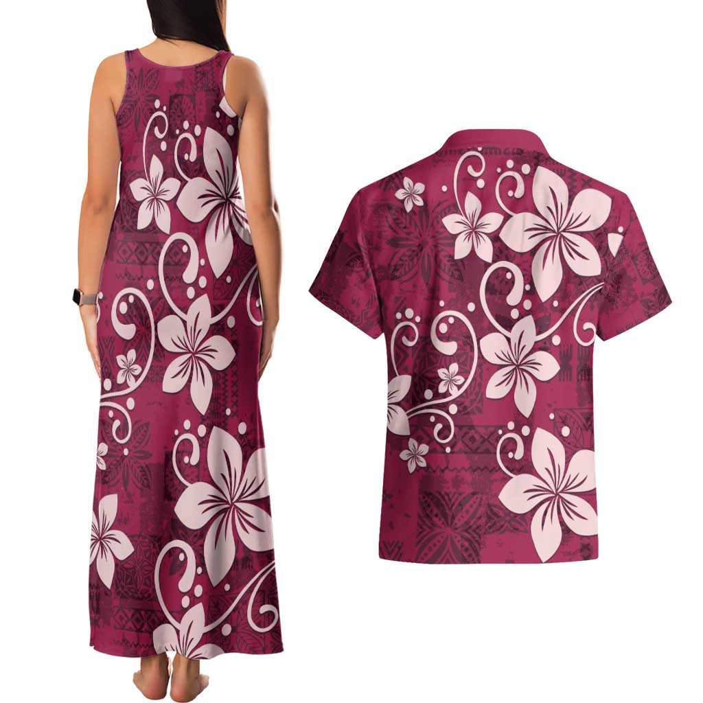Plumeria Floral Tapa Pattern Ruby Pink Couples Matching Tank Maxi Dress and Hawaiian Shirt
