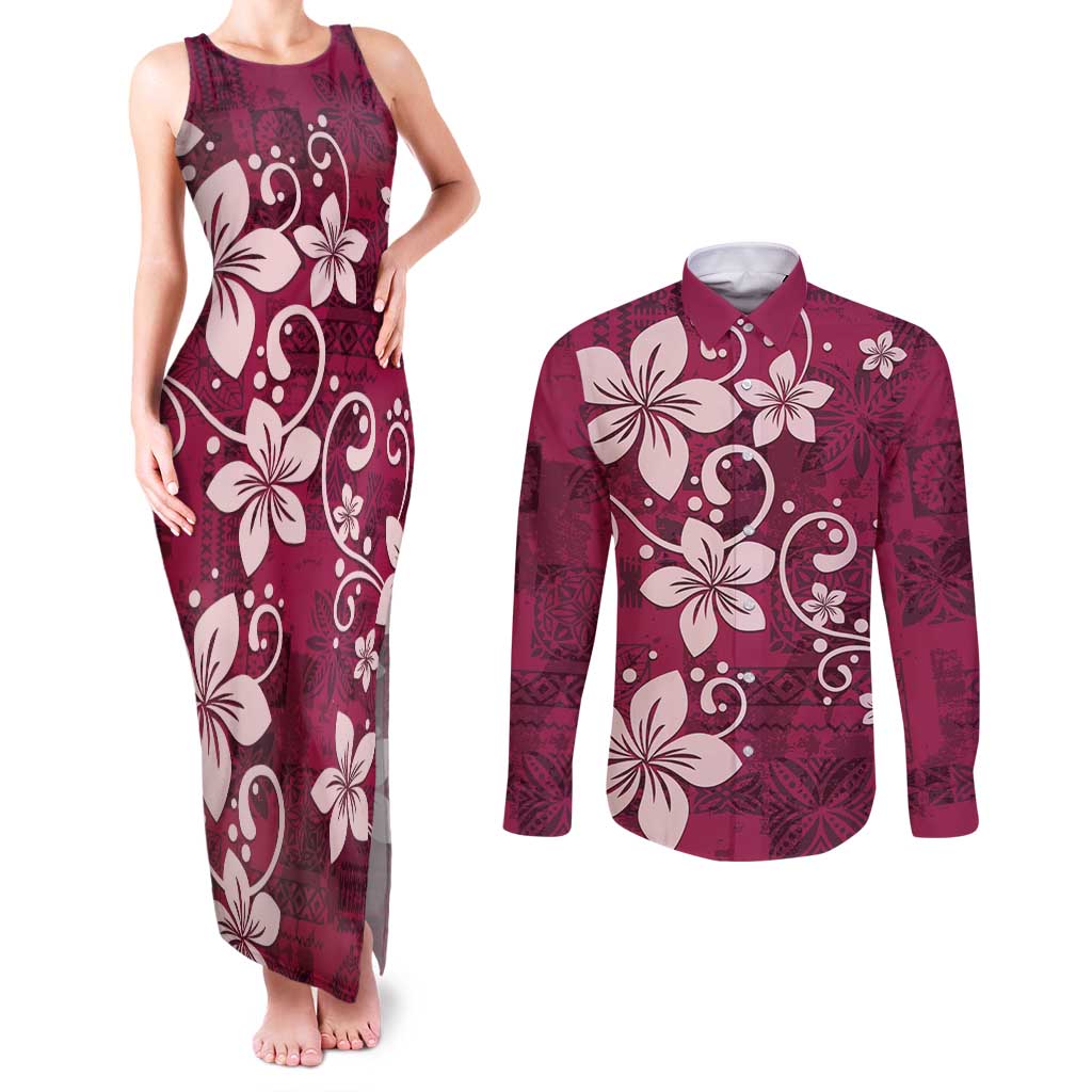 Plumeria Floral Tapa Pattern Ruby Pink Couples Matching Tank Maxi Dress and Long Sleeve Button Shirt