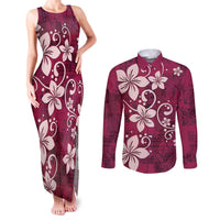Plumeria Floral Tapa Pattern Ruby Pink Couples Matching Tank Maxi Dress and Long Sleeve Button Shirt