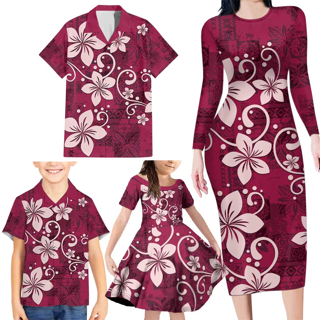 Plumeria Floral Tapa Pattern Ruby Pink Family Matching Long Sleeve Bodycon Dress and Hawaiian Shirt LT01 - Polynesian Pride