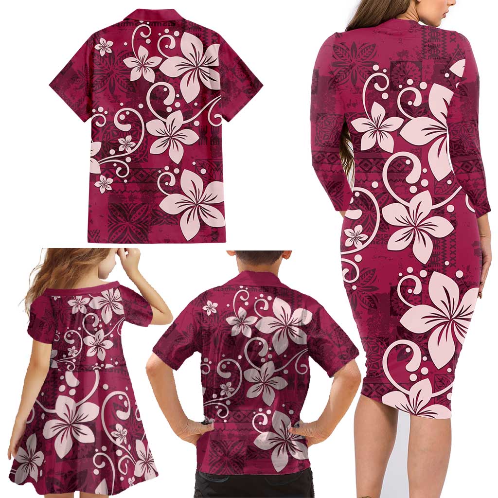 Plumeria Floral Tapa Pattern Ruby Pink Family Matching Long Sleeve Bodycon Dress and Hawaiian Shirt LT01 - Polynesian Pride