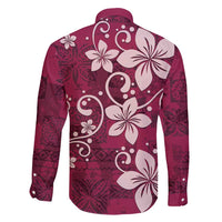 Plumeria Floral Tapa Pattern Ruby Pink Family Matching Long Sleeve Bodycon Dress and Hawaiian Shirt LT01 - Polynesian Pride